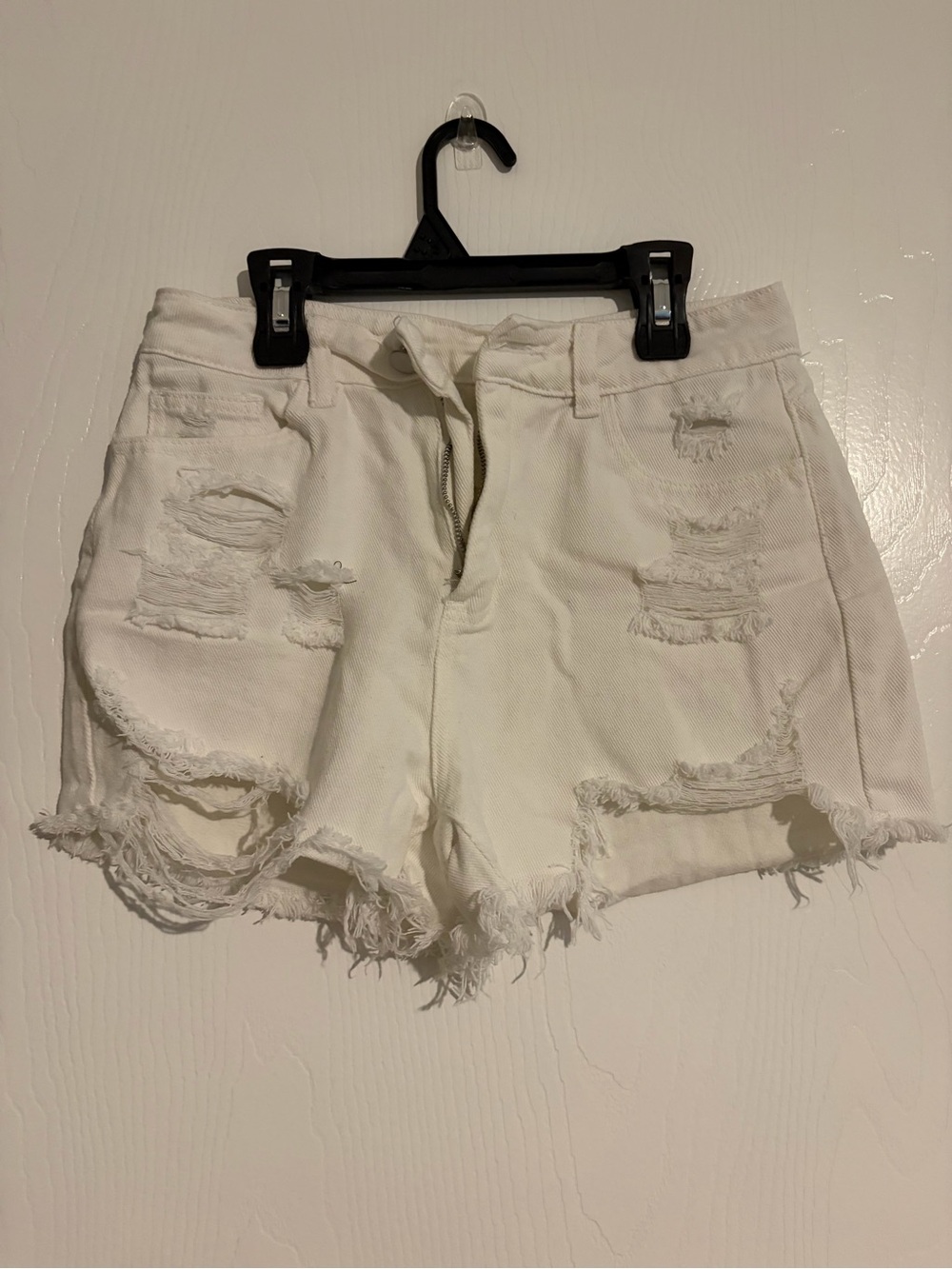 SHEIN White Distressed Frayed Hem Denim Shorts